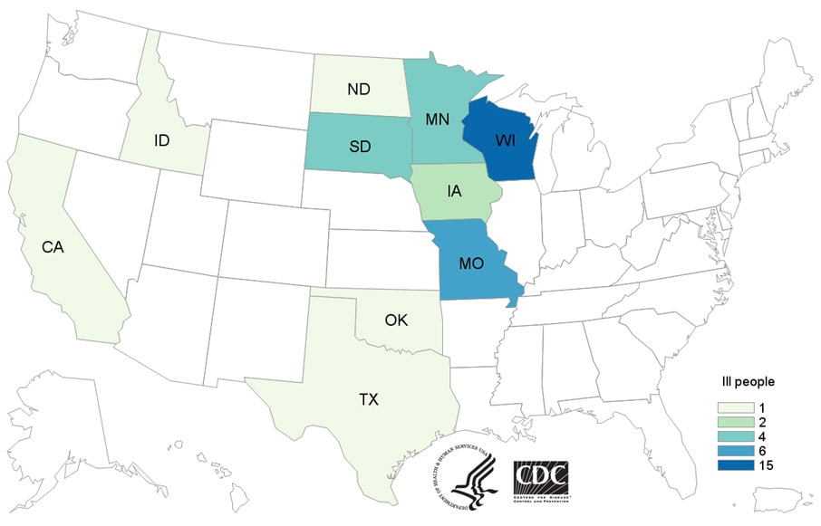 People infected with the outbreak strain of Salmonella Heidelberg, by state of residence, as of March 10, 2017