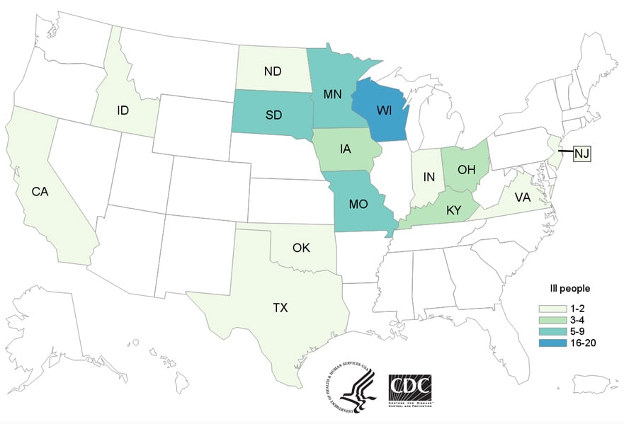 People infected with the outbreak strain of Salmonella Heidelberg, by state of residence, as of February 12, 2018