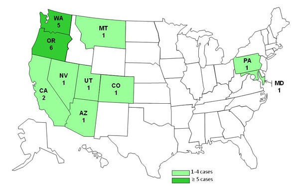A map displaying the number of persons infected with the outbreak strain of Salmonella Panama, by U.S. state