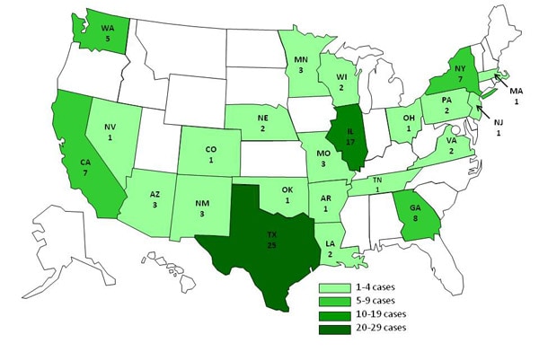 chart and map showing Salmonella Agona, by state