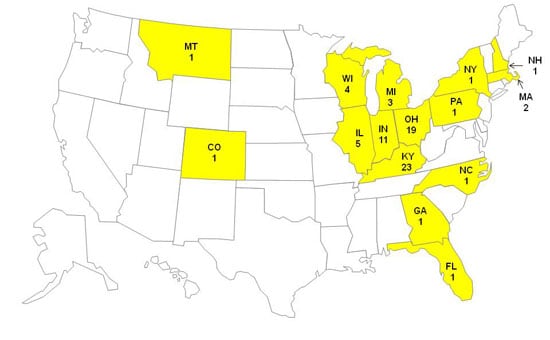 Case map for Salmonella Hartford