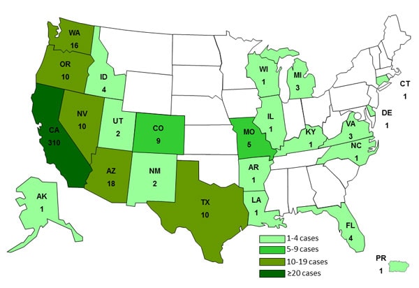 Persons infected with the outbreak strain of Salmonella Heidelberg, by State as of December 18, 2013