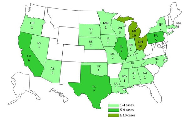 chart and map showing persons infected with Salmonella Heidelberg, by state