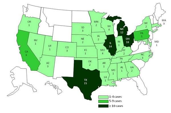 A map of the United States displaying Salmonella Heidelberg infections by state