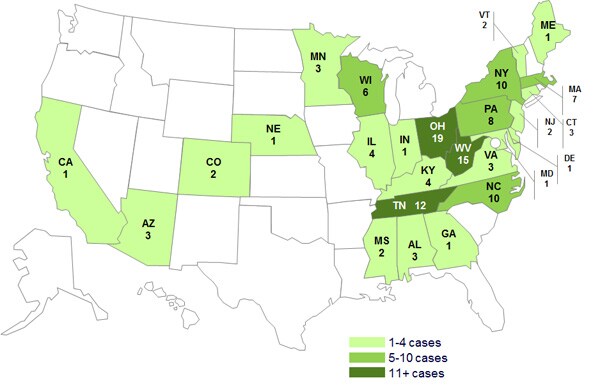 Persons infected with the outbreak strains of Salmonella Infantis, Lille, Newport, or Mbandaka, by State as of July 16, 2013