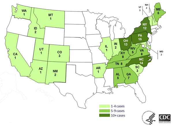 Persons infected with the outbreak strains of Salmonella Infantis or Newport, by state as of May 27, 2014