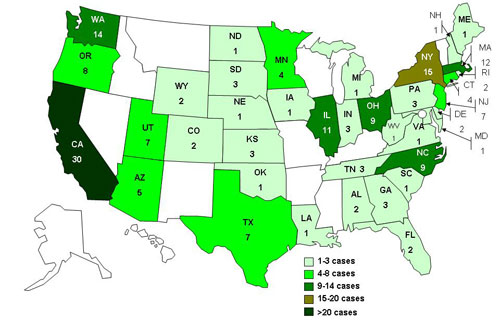 Persons Infected with the Outbreak Strain of Salmonella Montevideo, United States, by State, as of 01/22/10 at 12:00 pm EST (n=184)