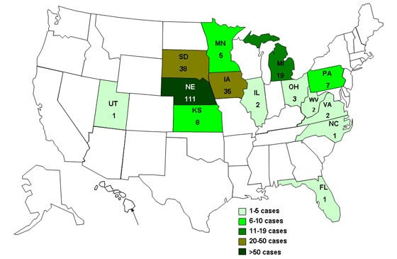 A map displaying cases infected with the outbreak strain of Salmonella Saintpaul in the United States of America, by state, as of May 7, 2009.