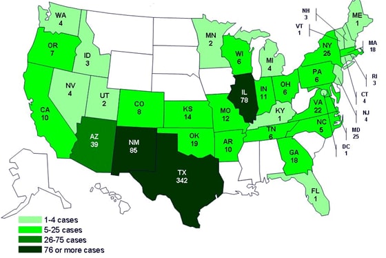 States with persons with the outbreak strain of Salmonella Saintpaul, by state of residence.