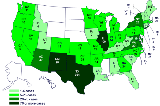 Cases infected with the outbreak strain of Salmonella Saintpaul, United States, by state, as of July 8, 2008 9pm EDT