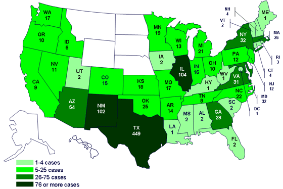 Cases infected with the outbreak strain of Salmonella Saintpaul, United States, by state, as of July 14, 2008 9pm EDT