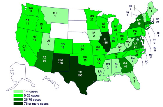 Cases infected with the outbreak strain of Salmonella Saintpaul, United States, by state, as of July 24, 2008 9pm EDT