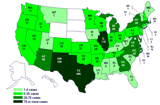 Cases infected with the outbreak strain of Salmonella Saintpaul, United States, by state, as of July 28, 2008 9pm EDT