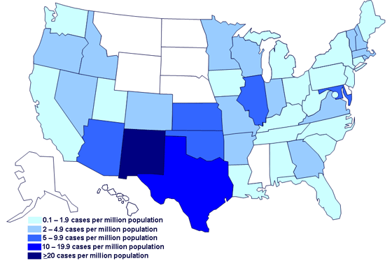 Incidence of cases of infection with the outbreak strain of Salmonella Saintpaul, United States, by state, as of July 8, 2008 9PM EDT