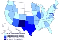 Incidence of cases of infection with the outbreak strain of Salmonella Saintpaul, United States, by state, as of July 9, 2008 9PM EDT