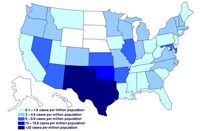 Incidence of cases of infection with the outbreak strain of Salmonella Saintpaul, United States, by state, as of August 7, 2008, 9PM EDT.