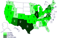 Cases infected with the outbreak strain of Salmonella Saintpaul, United States, by state, as of July 2, 2008 9pm EDT