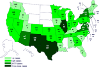 Cases infected with the outbreak strain of Salmonella Saintpaul, United States, by state, as of July 6, 2008 9pm EDT