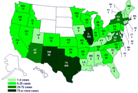 Cases infected with the outbreak strain of Salmonella Saintpaul, United States, by state, as of July 10, 2008 9pm EDT