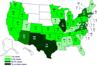 Cases infected with the outbreak strain of Salmonella Saintpaul, United States, by state, as of July 13, 2008 9pm EDT