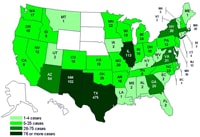 Cases infected with the outbreak strain of Salmonella Saintpaul, United States, by state, as of July 17, 2008 9pm EDT
