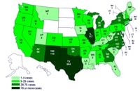 Cases infected with the outbreak strain of Salmonella Saintpaul, United States, by state, as of August 7, 2008, 9pm EDT