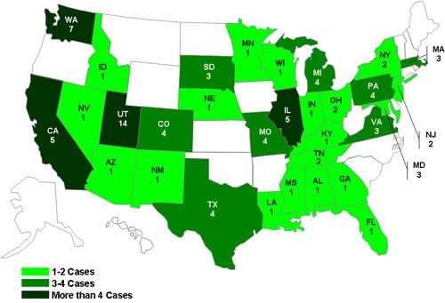 Persons Infected with the Outbreak Strain of Salmonella Typhimurium, United States, by State, as of December 30, 2009.
