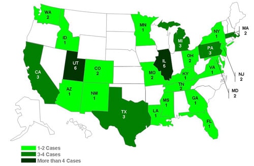 Persons Infected with the Outbreak Strain of Salmonella Typhimurium, United States, by State, as of December 10, 2009