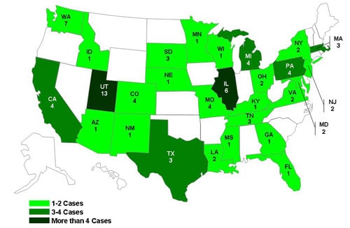 Persons Infected with the Outbreak Strain of Salmonella Typhimurium, United States, by State, April 3, 2009 to November 21, 2009