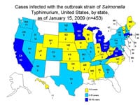 Persons Infected with the Outbreak Strain of Salmonella Typhimurium, United States, by State, September 1, 2008 to January 15, 2009