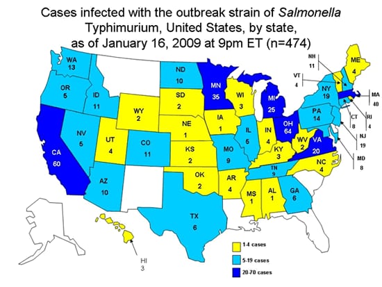 Persons Infected with the Outbreak Strain of Salmonella Typhimurium, United States, by State, September 1, 2008 to January 16, 2009
