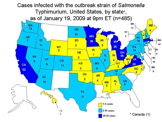 Persons Infected with the Outbreak Strain of Salmonella Typhimurium, United States, by State, September 1, 2008 to January 19, 2009