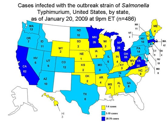 Persons Infected with the Outbreak Strain of Salmonella Typhimurium, United States, by State, September 1, 2008 to January 19, 2009