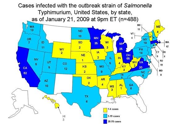 Persons Infected with the Outbreak Strain of Salmonella Typhimurium, United States, by State, September 1, 2008 to January 21, 2009