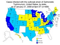 Persons Infected with the Outbreak Strain of Salmonella Typhimurium, United States, by State, September 1, 2008 to January 21, 2009
