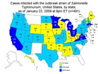 Personas infectadas por el brote de la cepa de Salmonella typhimurium, Estados Unidos, por estado, 1 de septiembre del 2008 al 22 de enero del 2009