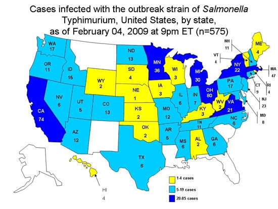 Persons Infected with the Outbreak Strain of Salmonella Typhimurium, United States, by State, September 1, 2008 to February 4, 2009
