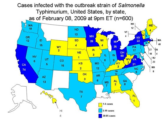 Persons Infected with the Outbreak Strain of Salmonella Typhimurium, United States, by State, September 1, 2008 to February 8, 2009