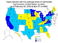 Persons Infected with the Outbreak Strain of Salmonella Typhimurium, United States, by State, September 1, 2008 to February 08, 2009