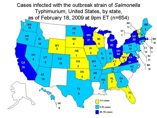 Persons Infected with the Outbreak Strain of Salmonella Typhimurium, United States, by State, September 1, 2008 to February 18, 2009