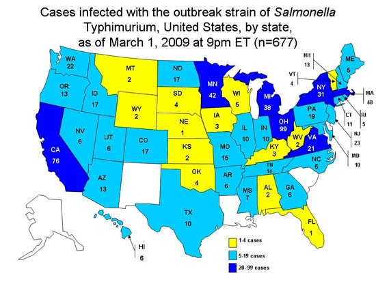 Cases Infected with the Outbreak Strain of Salmonella Typhimurium, United States, by State, as of March 1, 2009 at 9pm ET