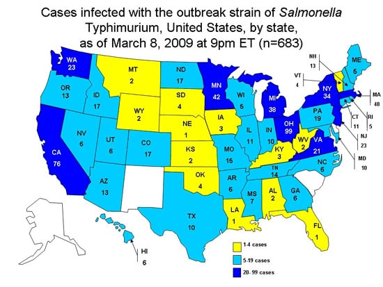 Cases Infected with the Outbreak Strain of Salmonella Typhimurium, United States, by State, as of March 8, 2009 at 9pm ET