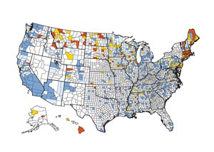 US Map of Salmonella Enteritidis: Age standardized rate per 100,000 populations by county, 1976-1983.