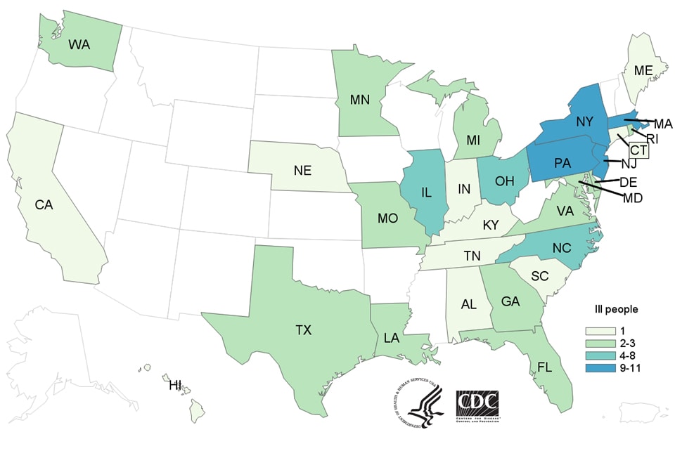 Map of United States - People infected with the outbreak strain of Salmonella, by state of residence, as of October 15, 2018