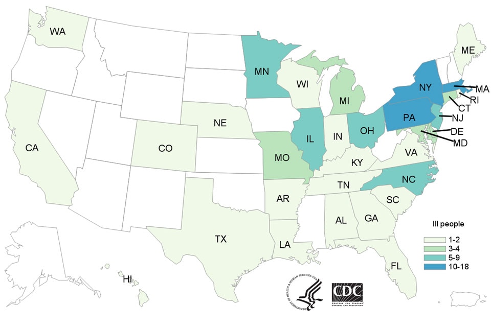 Map of United States - People infected with the outbreak strain of Salmonella, by state of residence, as of February 19, 2019