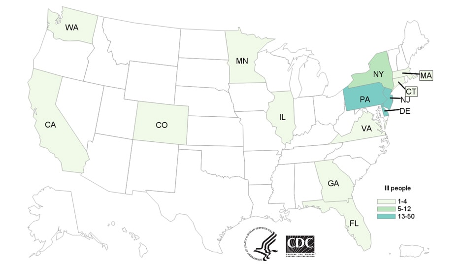 Map of United States - People infected with the outbreak strains of Salmonella by state of residence, as of February 14, 2020.