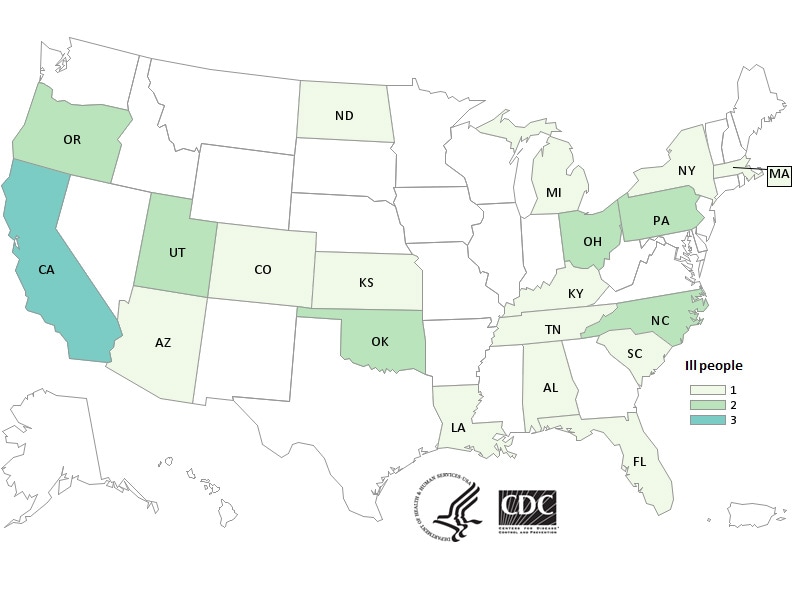 People infected with the outbreak strain of Salmonella I 4,[5],12:b:-, by state of residence, as of February 16, 2018