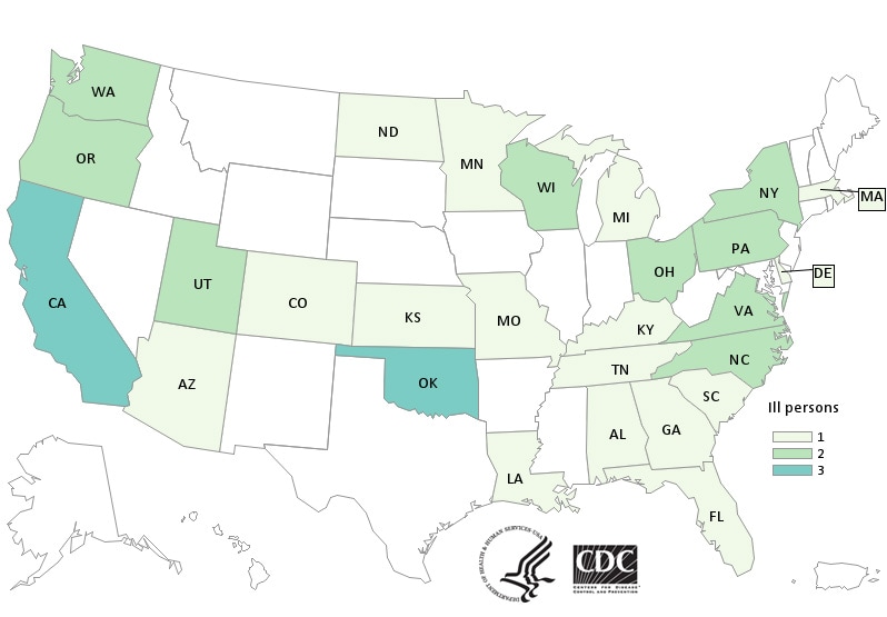 People infected with the outbreak strain of Salmonella I 4,[5],12:b:-, by state of residence, as of February 28, 2018