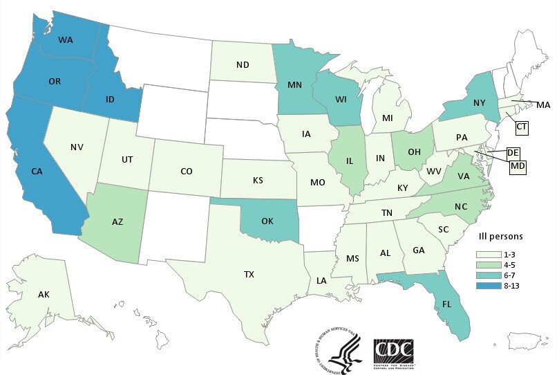 People infected with the outbreak strains of Salmonella, by state of residence, as of April 5, 2018