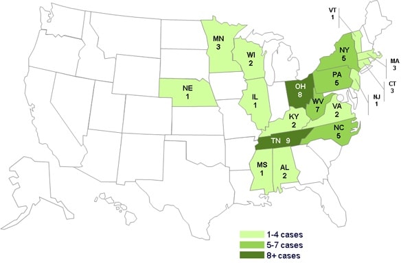 May 10, 2013 Case Count Map: Persons infected with the outbreak strains of Salmonella Infantis and Salmonella Mbandaka, by State
